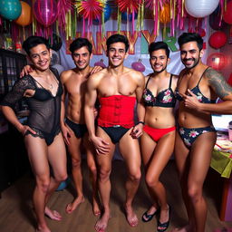 A lively scene featuring a group of men dressed in sexy lingerie, embracing a playful vibe