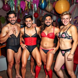 A lively scene featuring a group of men dressed in sexy lingerie, embracing a playful vibe