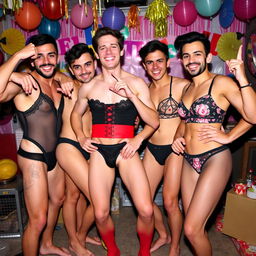 A lively scene featuring a group of men dressed in sexy lingerie, embracing a playful vibe