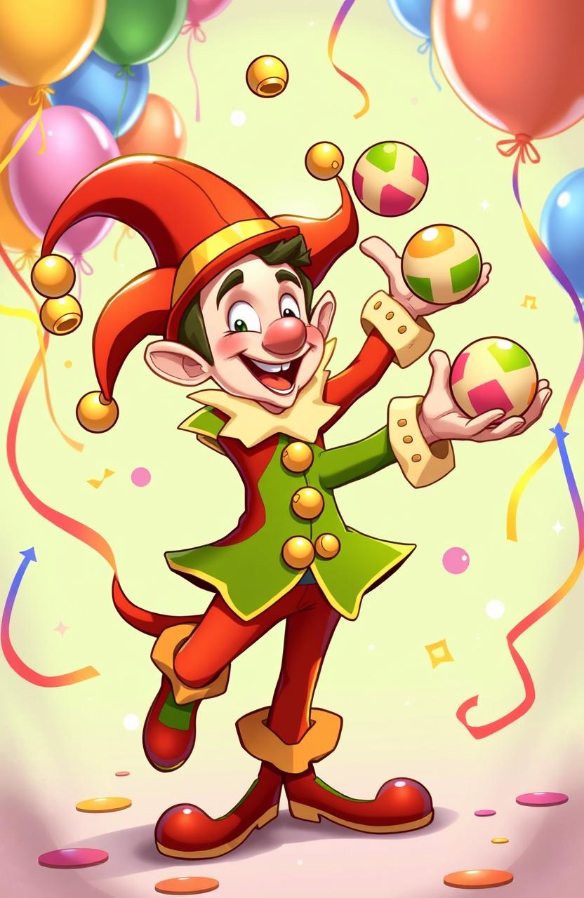 A dynamic and colorful illustration of a jester-like character named Jonkler, featuring a whimsical mix of bright colors including red, green, and gold