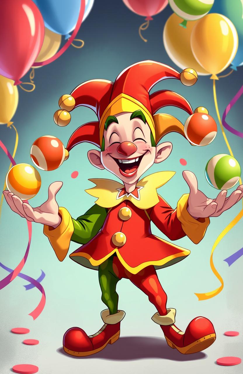 A dynamic and colorful illustration of a jester-like character named Jonkler, featuring a whimsical mix of bright colors including red, green, and gold