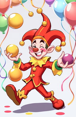 A dynamic and colorful illustration of a jester-like character named Jonkler, featuring a whimsical mix of bright colors including red, green, and gold