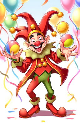 A dynamic and colorful illustration of a jester-like character named Jonkler, featuring a whimsical mix of bright colors including red, green, and gold