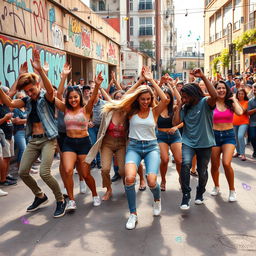 A vibrant and energetic scene inspired by the Skibidi dance, featuring a diverse group of people joyfully dancing in unison