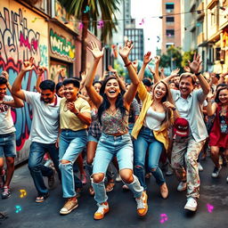 A vibrant and energetic scene inspired by the Skibidi dance, featuring a diverse group of people joyfully dancing in unison