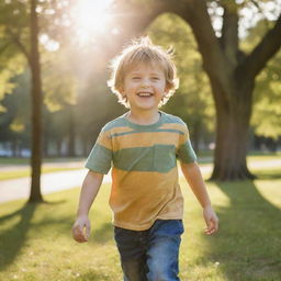 Generate an image of a happy, lively young boy playing outdoors in a park, with sun shining brightly.