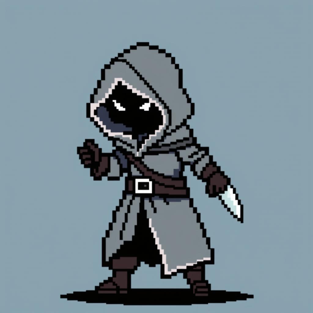 An 8-bit pixel-art representation of a rogue character, designed in a minimalist style