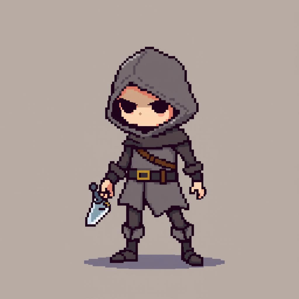 An 8-bit pixel-art representation of a rogue character, designed in a minimalist style