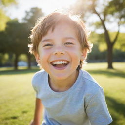 Generate an image of a happy, lively young boy playing outdoors in a park, with sun shining brightly.