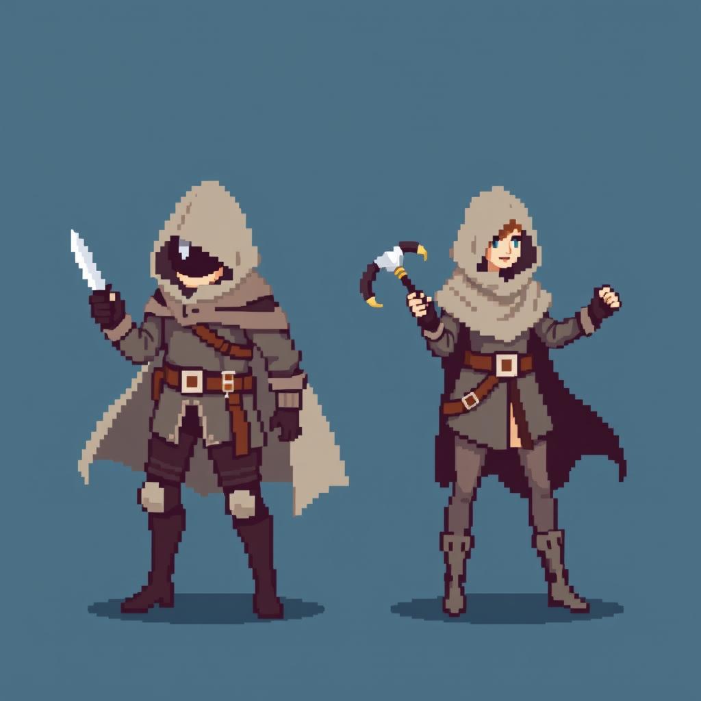 An 8-bit pixel-art representation of both a male and female rogue character, designed in a minimalist style