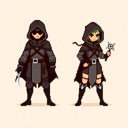 An 8-bit pixel-art representation of both a male and female rogue character, designed in a minimalist style