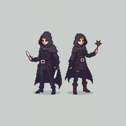 An 8-bit pixel-art representation of both a male and female rogue character, designed in a minimalist style