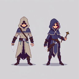 An 8-bit pixel-art representation of both a male and female rogue character, designed in a minimalist style