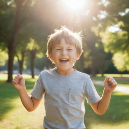 Generate an image of a happy, lively young boy playing outdoors in a park, with sun shining brightly.