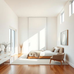 A modern bedroom featuring a sleek, smooth white lacquered door that reaches up to the ceiling