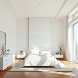 A modern bedroom featuring a sleek, smooth white lacquered door that reaches up to the ceiling