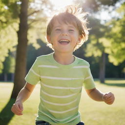 Generate an image of a happy, lively young boy playing outdoors in a park, with sun shining brightly.