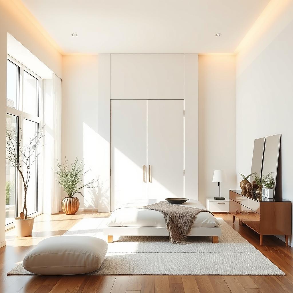 A modern bedroom featuring a sleek, smooth white lacquered door that reaches up to the ceiling