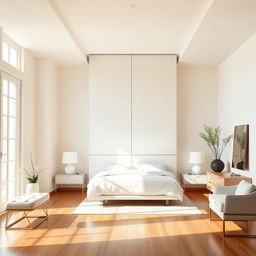 A modern bedroom featuring a sleek, smooth white lacquered door that reaches up to the ceiling