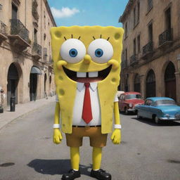 Generate an image featuring SpongeBob SquarePants in mafia-style attire, with an intimidating look, against the backdrop of Bikini Bottom.