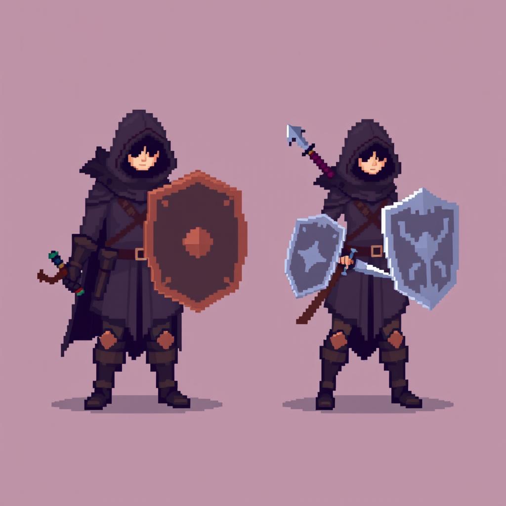 An 8-bit pixel-art representation of both a male and female rogue character, designed in a minimalist style