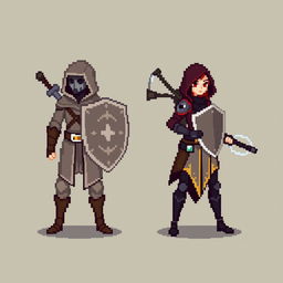 An 8-bit pixel-art representation of both a male and female rogue character, designed in a minimalist style