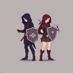 An 8-bit pixel-art representation of both a male and female rogue character, designed in a minimalist style