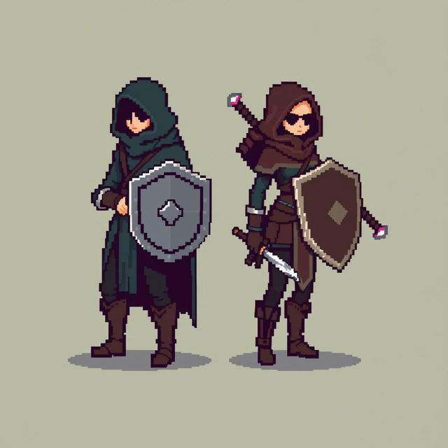 An 8-bit pixel-art representation of both a male and female rogue character, designed in a minimalist style