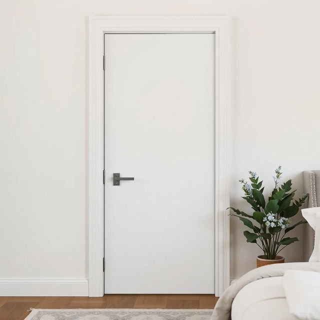 A sleek, smooth white lacquered bedroom entrance door featuring a minimalist design