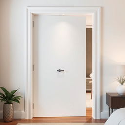 A sleek, smooth white lacquered bedroom entrance door featuring a minimalist design