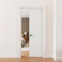 A sleek, smooth white lacquered bedroom entrance door featuring a minimalist design