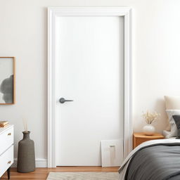 A sleek, smooth white lacquered bedroom entrance door featuring a minimalist design