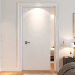 A stunning, smooth white lacquered entrance door to a bedroom, designed to reach the ceiling at approximately 2