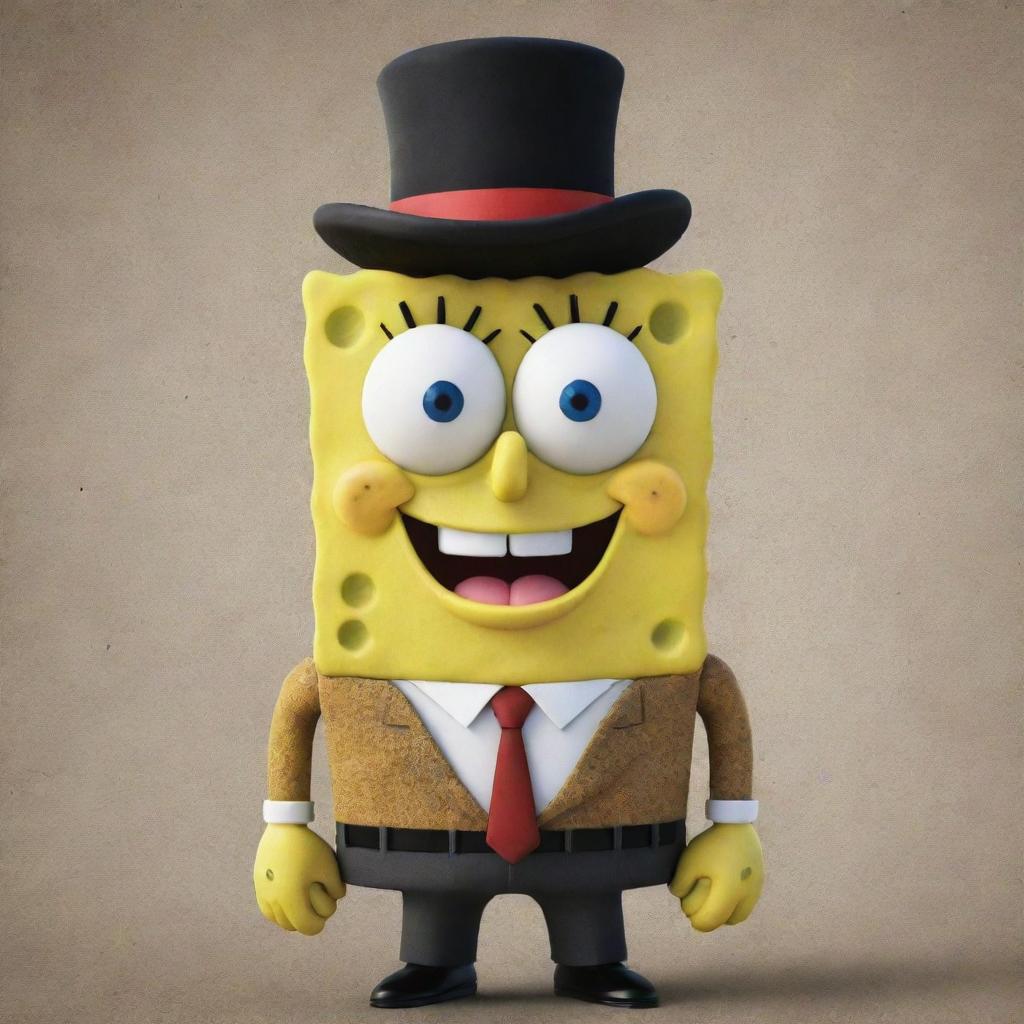 Generate an image featuring SpongeBob SquarePants in mafia-style attire, with an intimidating look, against the backdrop of Bikini Bottom.