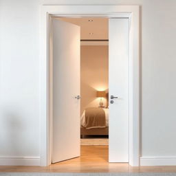 A stunning, smooth white lacquered entrance door to a bedroom, designed to reach the ceiling at approximately 2