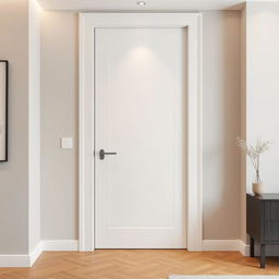 A stunning, smooth white lacquered entrance door to a bedroom, designed to reach the ceiling at approximately 2