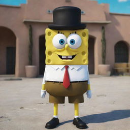 Generate an image featuring SpongeBob SquarePants in mafia-style attire, with an intimidating look, against the backdrop of Bikini Bottom.