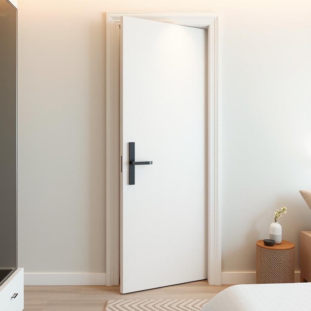 A beautifully crafted entrance door to a bedroom, featuring a white lacquered, textured (fresada) surface that adds depth and interest to its appearance