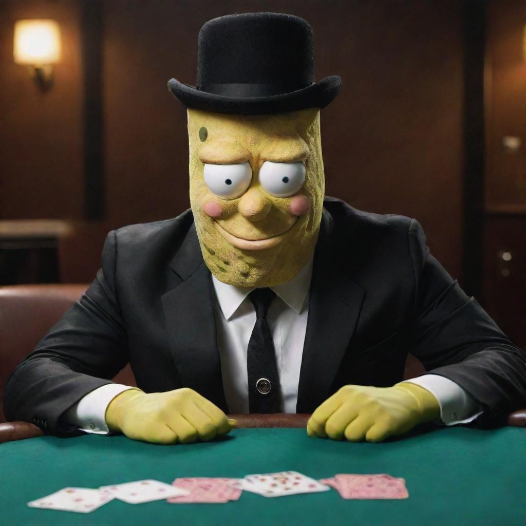 Generate an image of SpongeBob SquarePants, with a mean, mafia-like expression, dressed in a mob suit, sitting at a poker table in a dimly lit room.