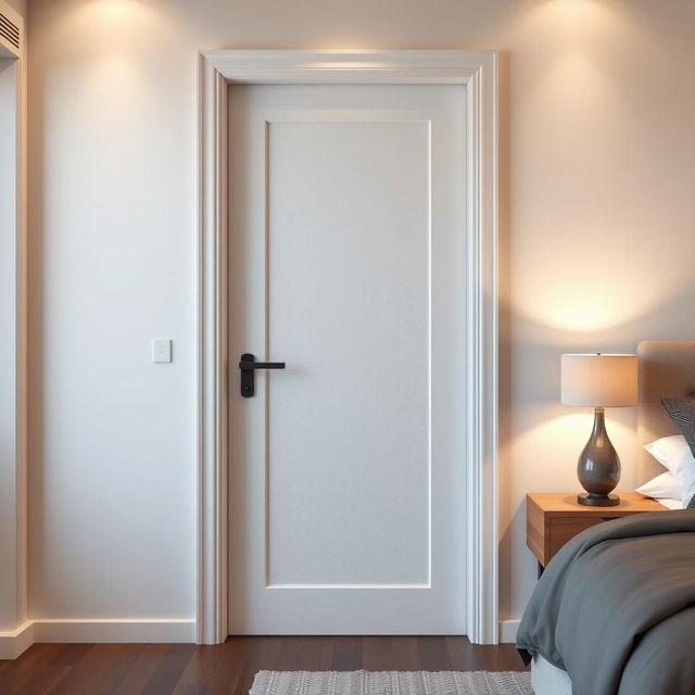 A beautifully crafted entrance door to a bedroom, featuring a white lacquered, textured (fresada) surface that adds depth and interest to its appearance