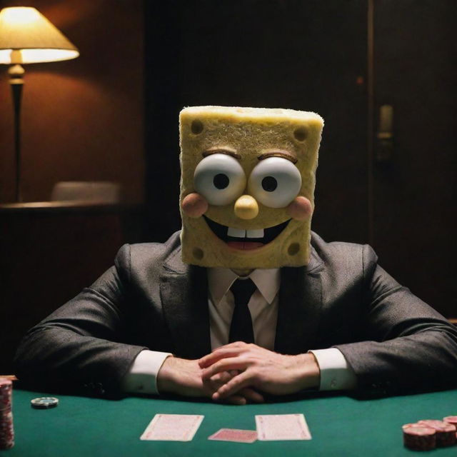 Generate an image of SpongeBob SquarePants, with a mean, mafia-like expression, dressed in a mob suit, sitting at a poker table in a dimly lit room.