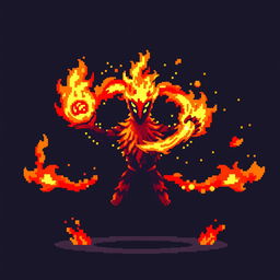 A pixelated attack animation concept for ‘Llama del Coraje’ that begins with bright orange and red pixelated flames igniting in the character's hands