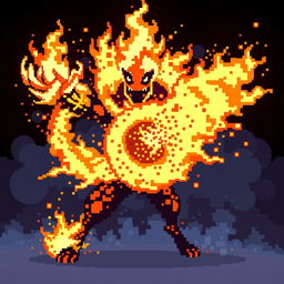 A pixelated attack animation concept for ‘Llama del Coraje’ that begins with bright orange and red pixelated flames igniting in the character's hands