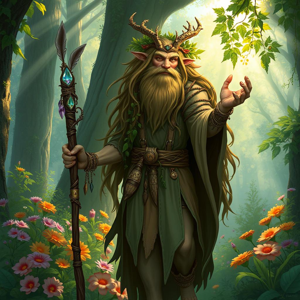 A firbolg druid standing in a lush, enchanted forest, surrounded by towering trees and vibrant flowers