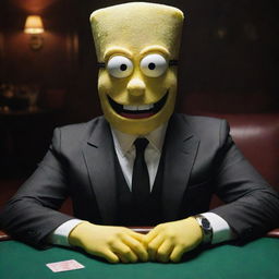 Generate an image of SpongeBob SquarePants, with a mean, mafia-like expression, dressed in a mob suit, sitting at a poker table in a dimly lit room.