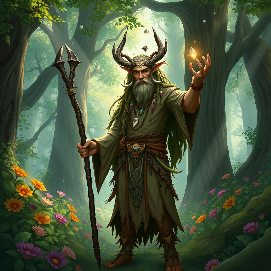 A firbolg druid standing in a lush, enchanted forest, surrounded by towering trees and vibrant flowers