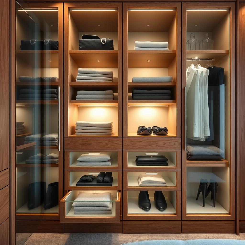 Stylish drawer units with glass fronts inside a bedroom wardrobe, featuring a modern and chic design