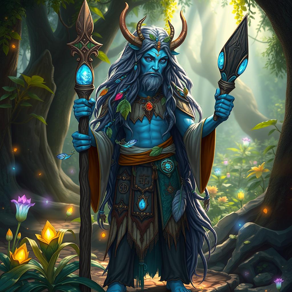 A firbolg druid with bluish skin standing in a mystical forest