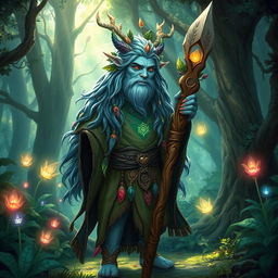 A firbolg druid with bluish skin standing in a mystical forest