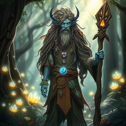 A firbolg druid with bluish skin standing in a mystical forest